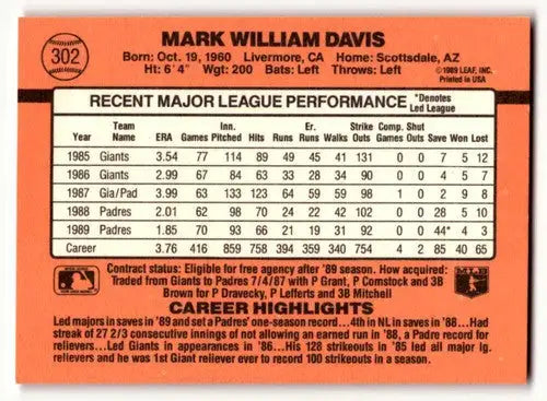 1990 Donruss #302 Mark Davis San Diego Padres Baseball Cards EX/NM ID:56188 - Baseball Card Single