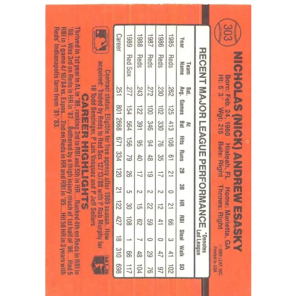 1990 Donruss #303 Nick Esasky VG-EX Boston Red Sox Baseball Card - Baseball Card Single