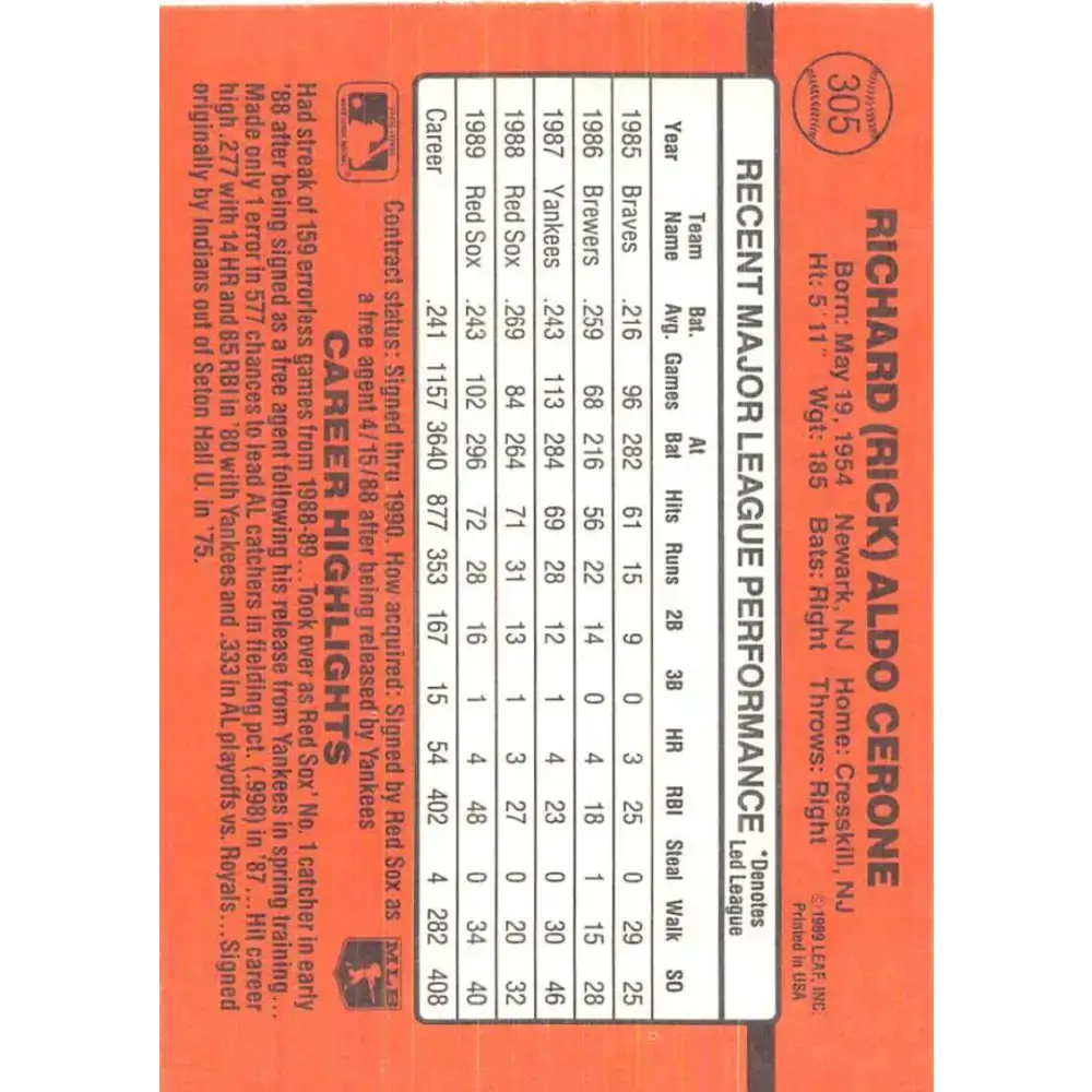 1990 Donruss #305 Rick Cerone VG-EX Boston Red Sox Baseball Card - Baseball Card Single