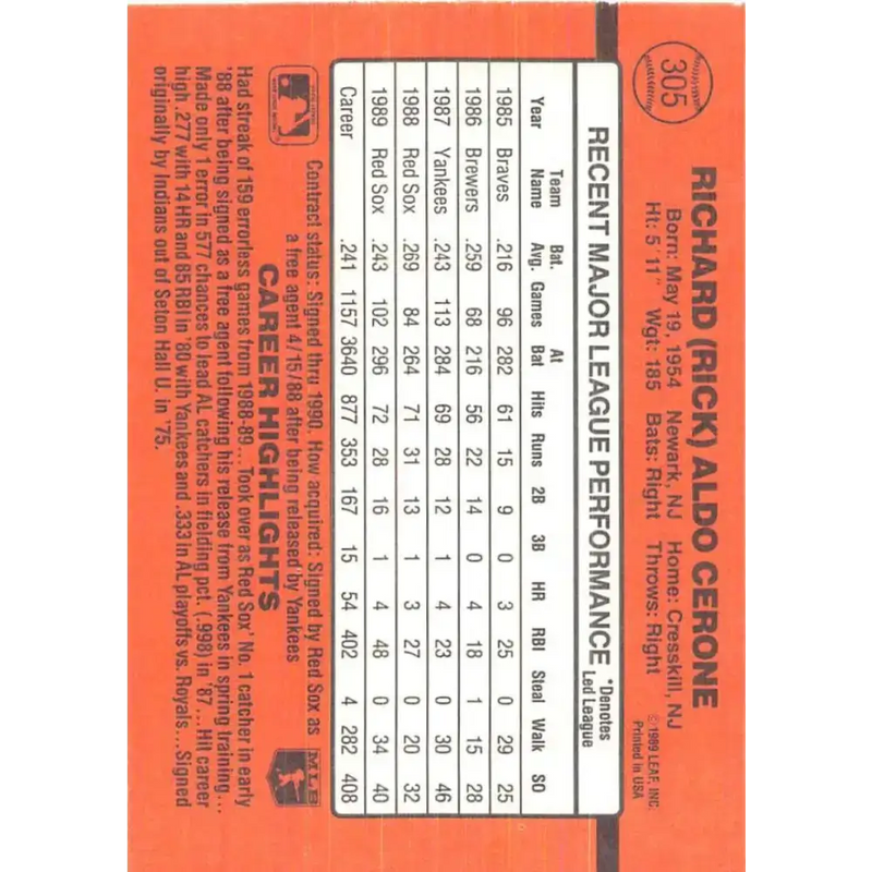 1990 Donruss #305 Rick Cerone VG-EX Boston Red Sox Baseball Card - Baseball Card Single