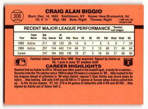 Original gloss Craig Biggio Houston baseball card from 1990 Donruss #306 featuring Biggio Houston Astros