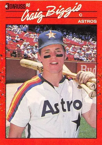 Original gloss 1990 Donruss Craig Biggio baseball card Astros displayed