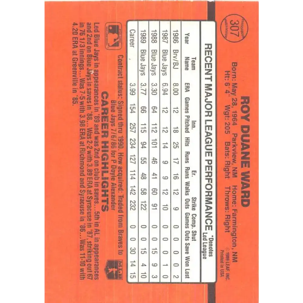 1990 Donruss #307 Duane Ward VG-EX Toronto Blue Jays Baseball Card - Baseball Card Single