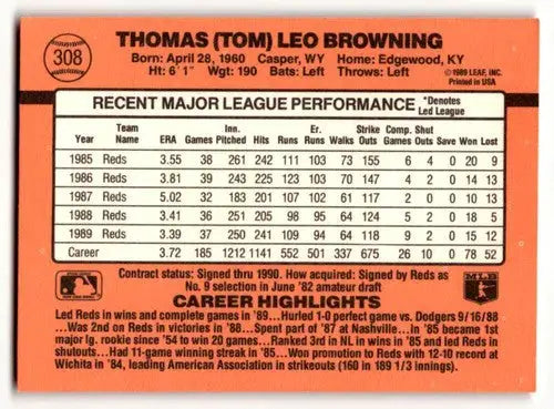 Original gloss 1990 Donruss Tom Browning Cincinnati Reds baseball card image