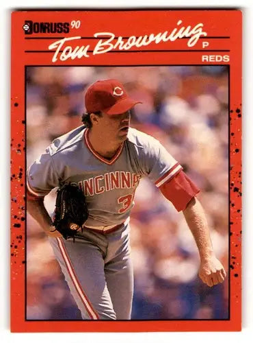 Original gloss 1990 Donruss Tom Browning Cincinnati Reds baseball card in mint condition