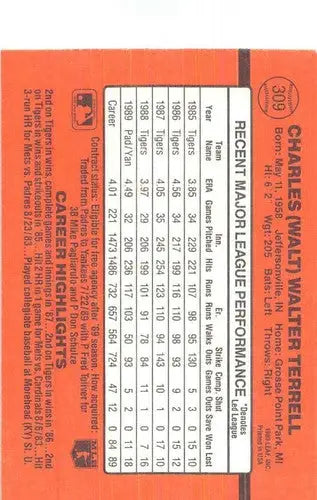 Baseball card back of 1990 Donruss Walt Terrell NM Near Mint Yankees with original gloss
