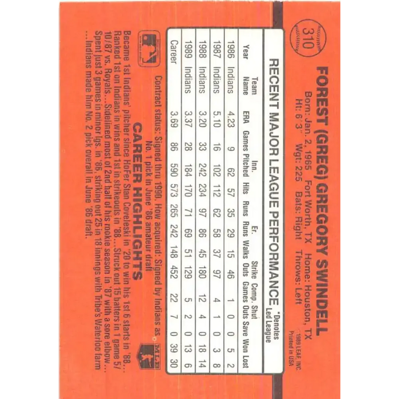 1990 Donruss #310 Greg Swindell VG-EX Cleveland Indians Baseball Card - Baseball Card Single