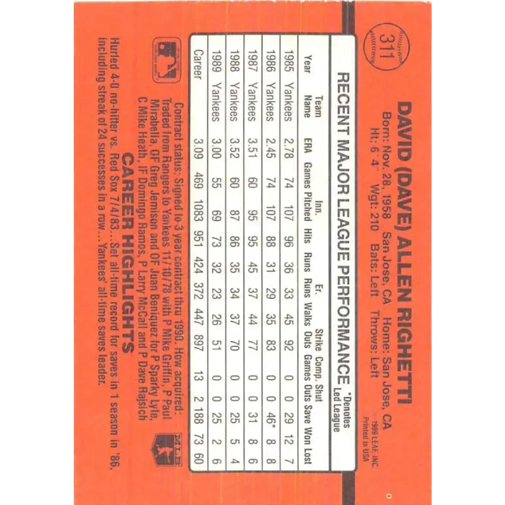 1990 Donruss #311 Dave Righetti VG-EX New York Yankees Baseball Card - Baseball Card Single