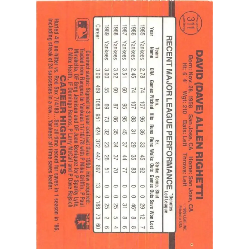 1990 Donruss #311 Dave Righetti VG-EX New York Yankees Baseball Card - Baseball Card Single