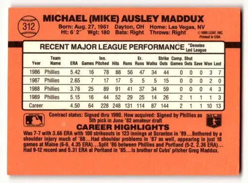 1990 Donruss #312 Mike Maddux Philadelphia Phillies Baseball Cards E ID:56230 - Baseball Card Single