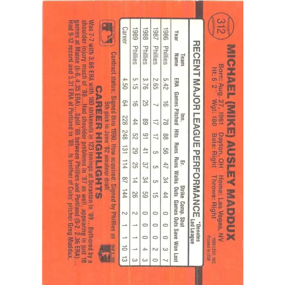 1990 Donruss #312 Mike Maddux VG-EX Philadelphia Phillies Baseball Card - Baseball Card Single