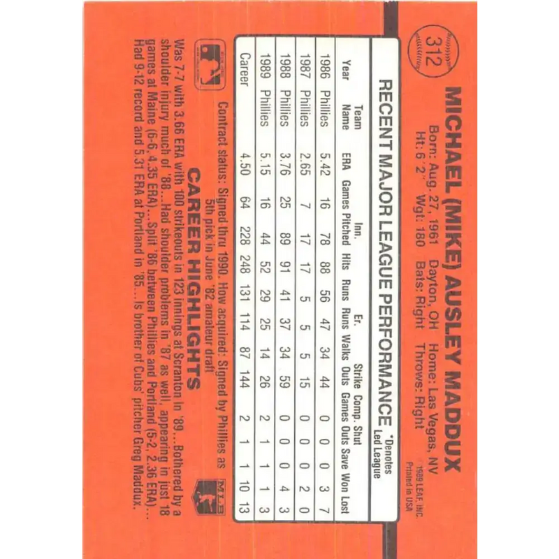 1990 Donruss #312 Mike Maddux VG-EX Philadelphia Phillies Baseball Card - Baseball Card Single