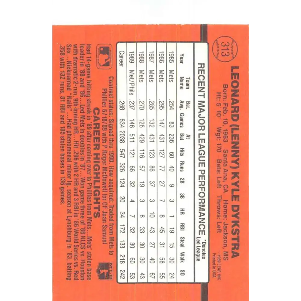 1990 Donruss #313 Lenny Dykstra VG-EX Philadelphia Phillies Baseball Card - Baseball Card Single