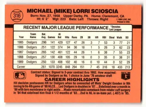 1990 Donruss #316 Mike Scioscia Los Angeles Dodgers Baseball Cards E ID:56177 - Baseball Card Single