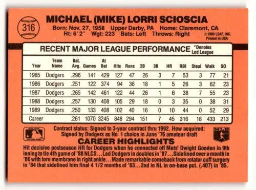 1990 Donruss #316 Mike Scioscia Los Angeles Dodgers Baseball Cards E ID:54702 - Baseball Card Single