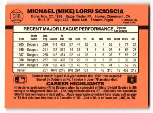 1990 Donruss #316 Mike Scioscia Los Angeles Dodgers Baseball Cards E ID:56175 - Baseball Card Single