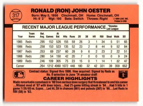 1990 Donruss #317 Ron Oester Cincinnati Reds Baseball Cards EX/NM ID:54639 - Baseball Card Single