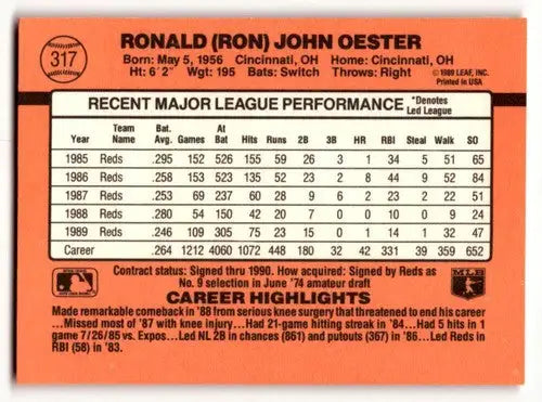 Original gloss Ron Oester Cincinnati Reds baseball card from 1990 Donruss series