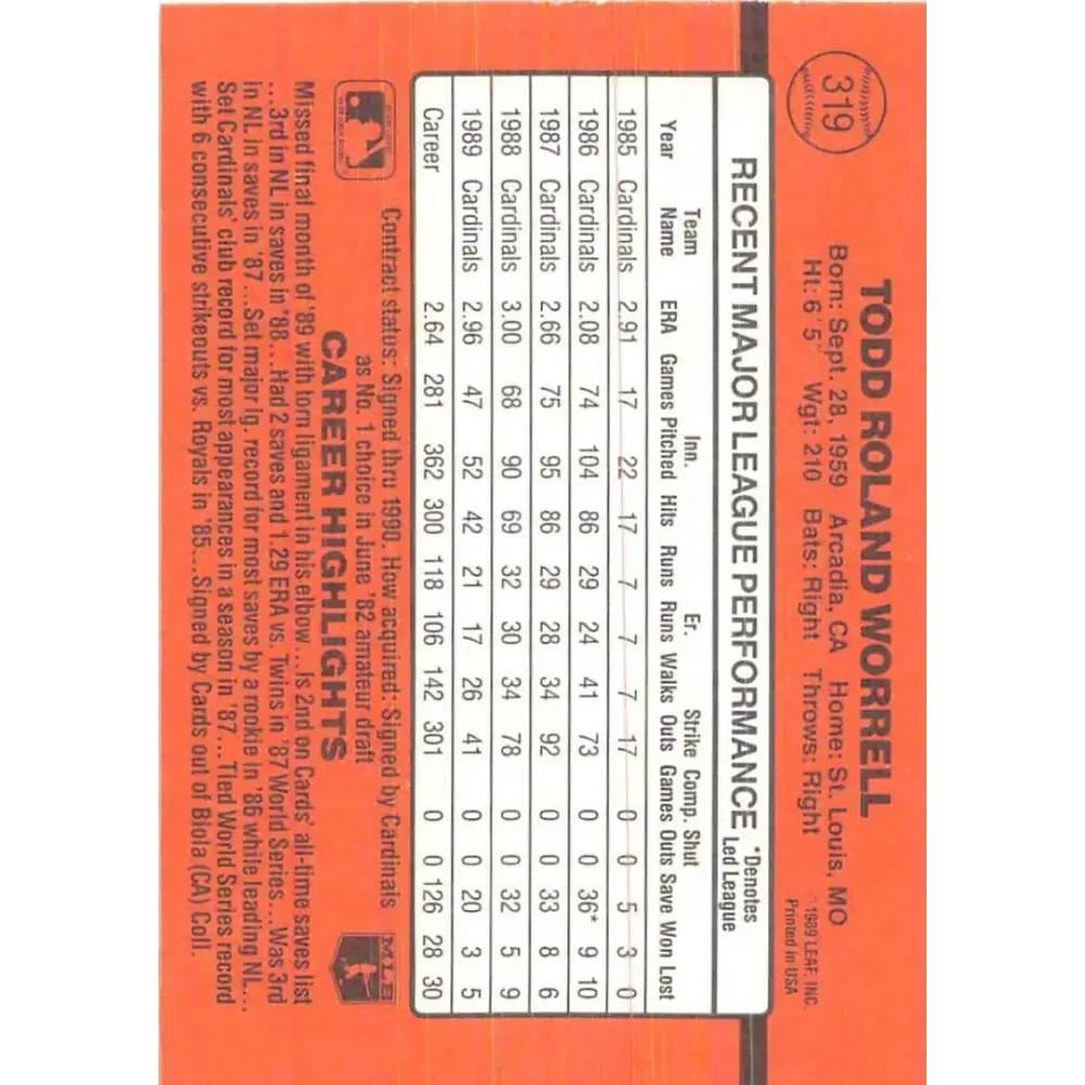 1990 Donruss #319 Todd Worrell VG-EX St. Louis Cardinals Baseball Card - Baseball Card Single