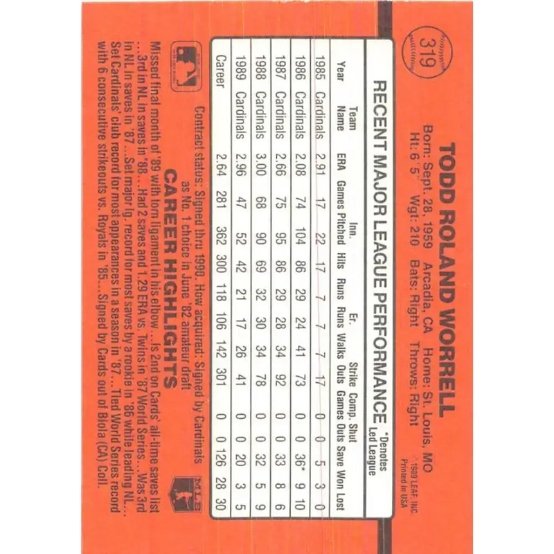 1990 Donruss #319 Todd Worrell VG-EX St. Louis Cardinals Baseball Card - Baseball Card Single