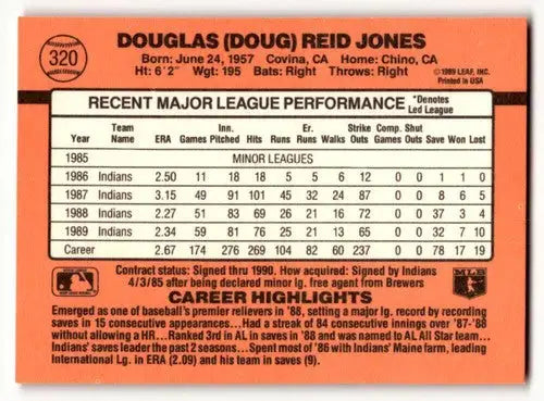 Baseball card statistics for 1990 Donruss Doug Jones Cleveland Indians EX/NM