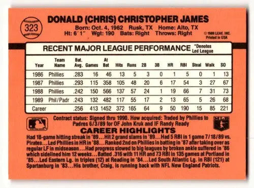 1990 Donruss #323 Chris James San Diego Padres Baseball Cards EX/NM ID:56182 - Baseball Card Single