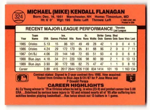 Back of 1990 Donruss Mike Flanagan Toronto Blue Jays baseball card showcasing player stats