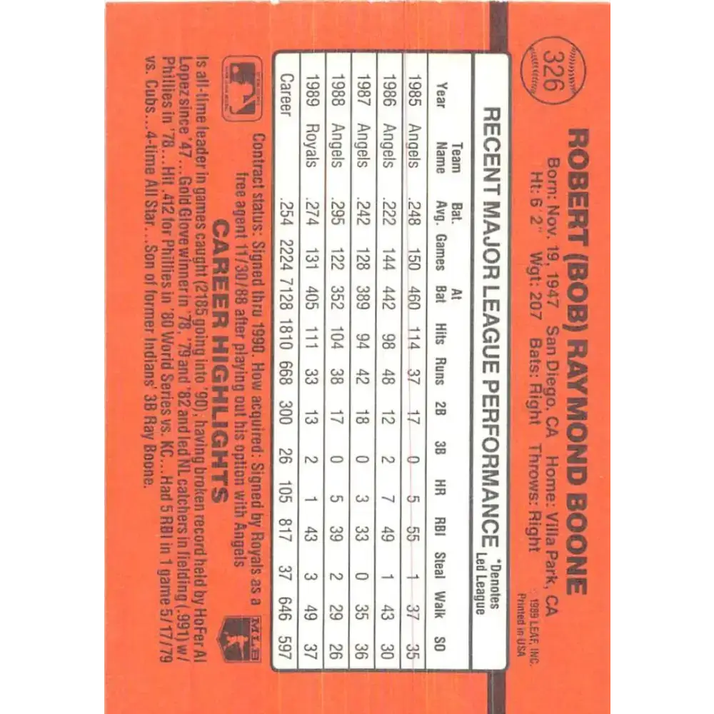1990 Donruss #326 Bob Boone VG-EX Kansas City Royals Baseball Card - Baseball Card Single