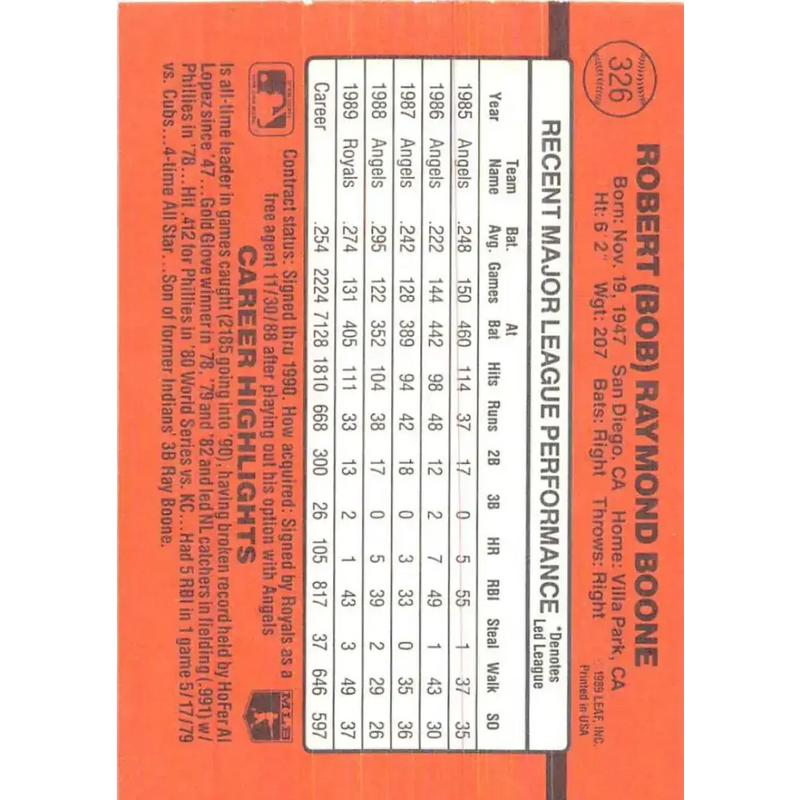 1990 Donruss #326 Bob Boone VG-EX Kansas City Royals Baseball Card - Baseball Card Single
