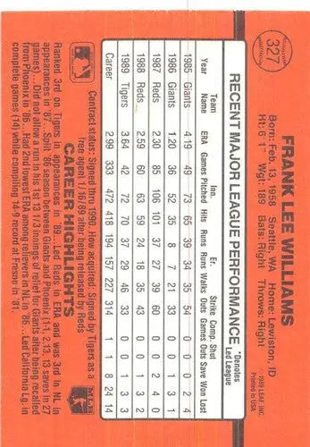 Original gloss of Frank Lee Williams baseball card from 1990 Donruss Tigers series