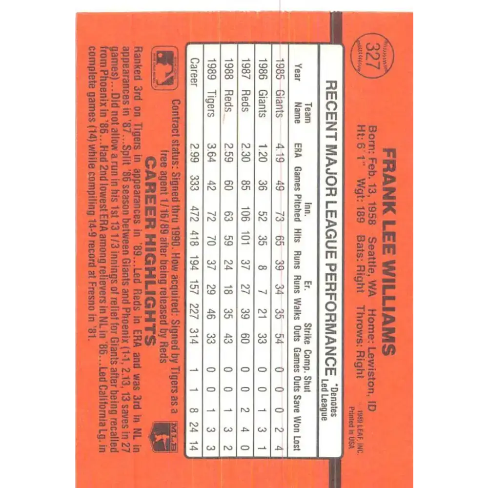 1990 Donruss #327 Frank Williams VG-EX Detroit Tigers Baseball Card - Baseball Card Single