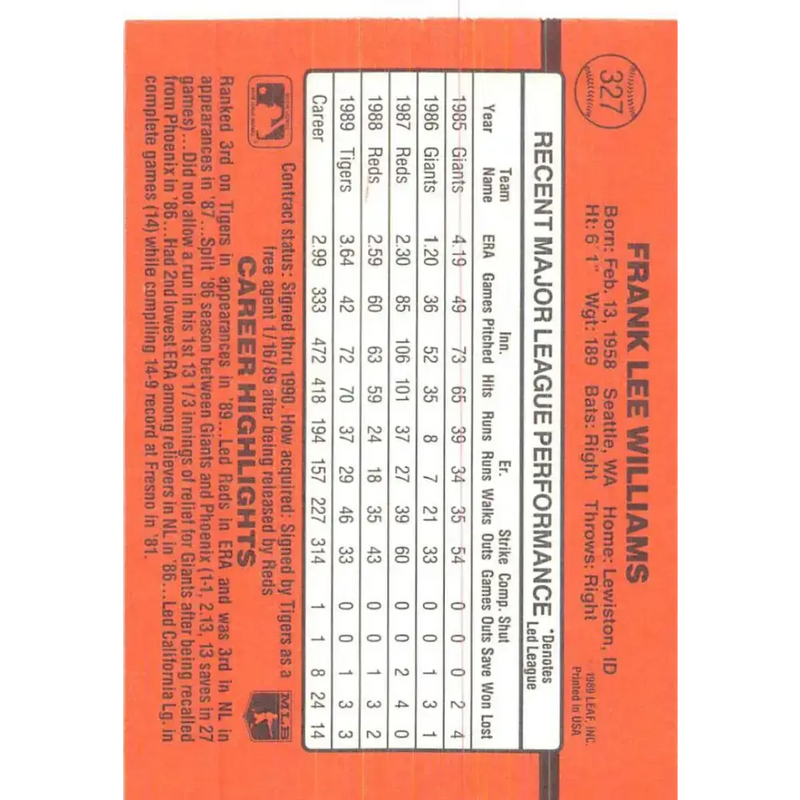 1990 Donruss #327 Frank Williams VG-EX Detroit Tigers Baseball Card - Baseball Card Single