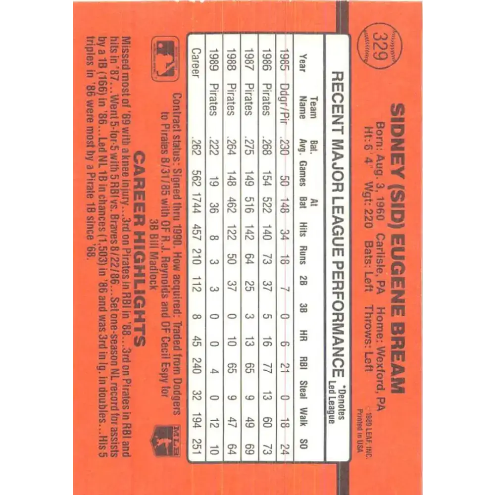 1990 Donruss #329 Sid Bream VG-EX Pittsburgh Pirates Baseball Card - Baseball Card Single