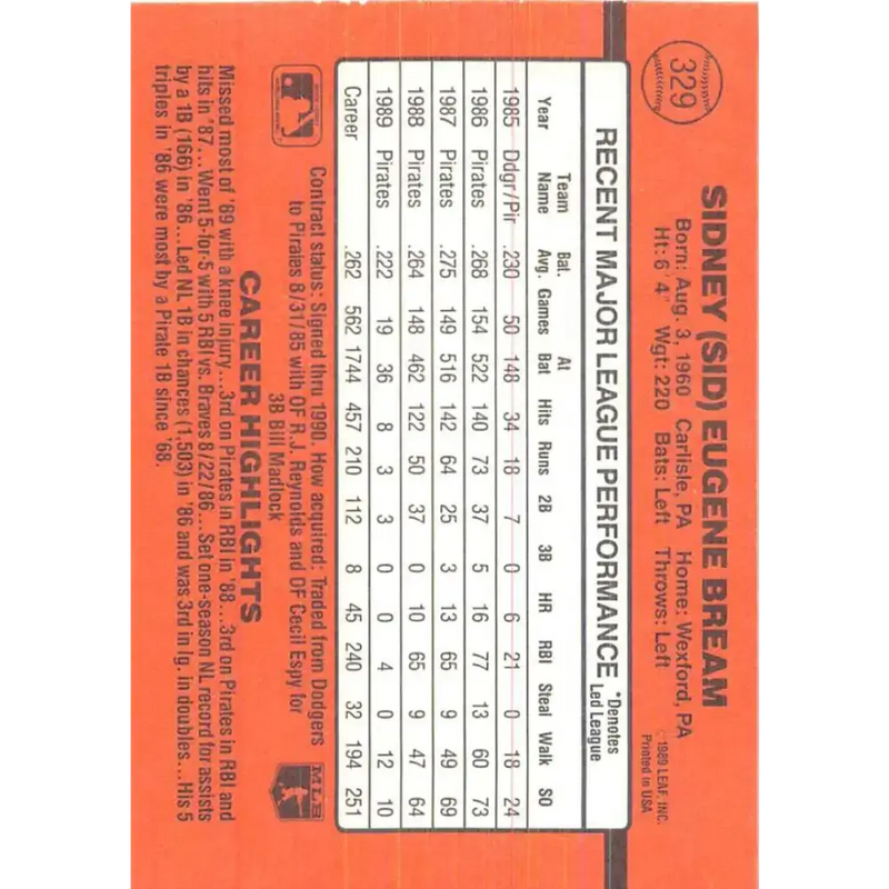 1990 Donruss #329 Sid Bream VG-EX Pittsburgh Pirates Baseball Card - Baseball Card Single