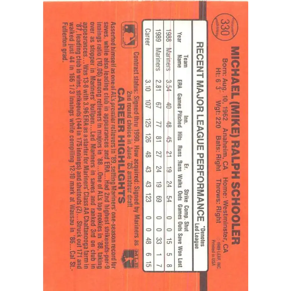 1990 Donruss #330 Mike Schooler VG-EX Seattle Mariners Baseball Card - Baseball Card Single