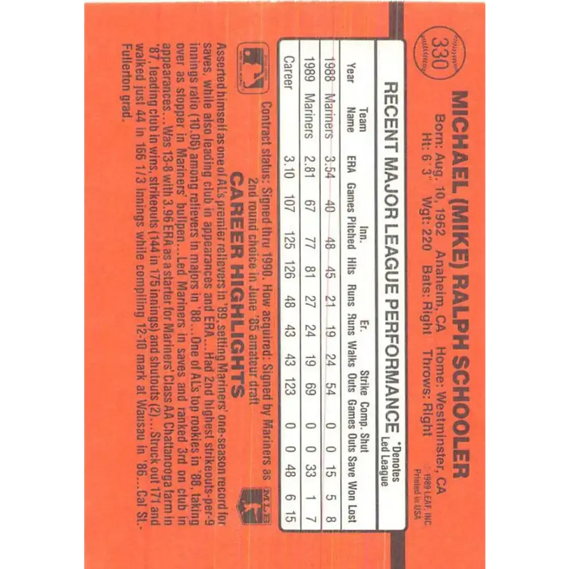1990 Donruss #330 Mike Schooler VG-EX Seattle Mariners Baseball Card - Baseball Card Single
