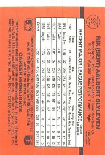 Baseball card back from 1990 Donruss #331 Bert Blyleven NM-MT Angels with original gloss