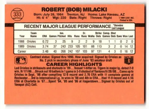 Baseball card back with original gloss for 1990 Donruss Bob Milacki Baltimore Orioles