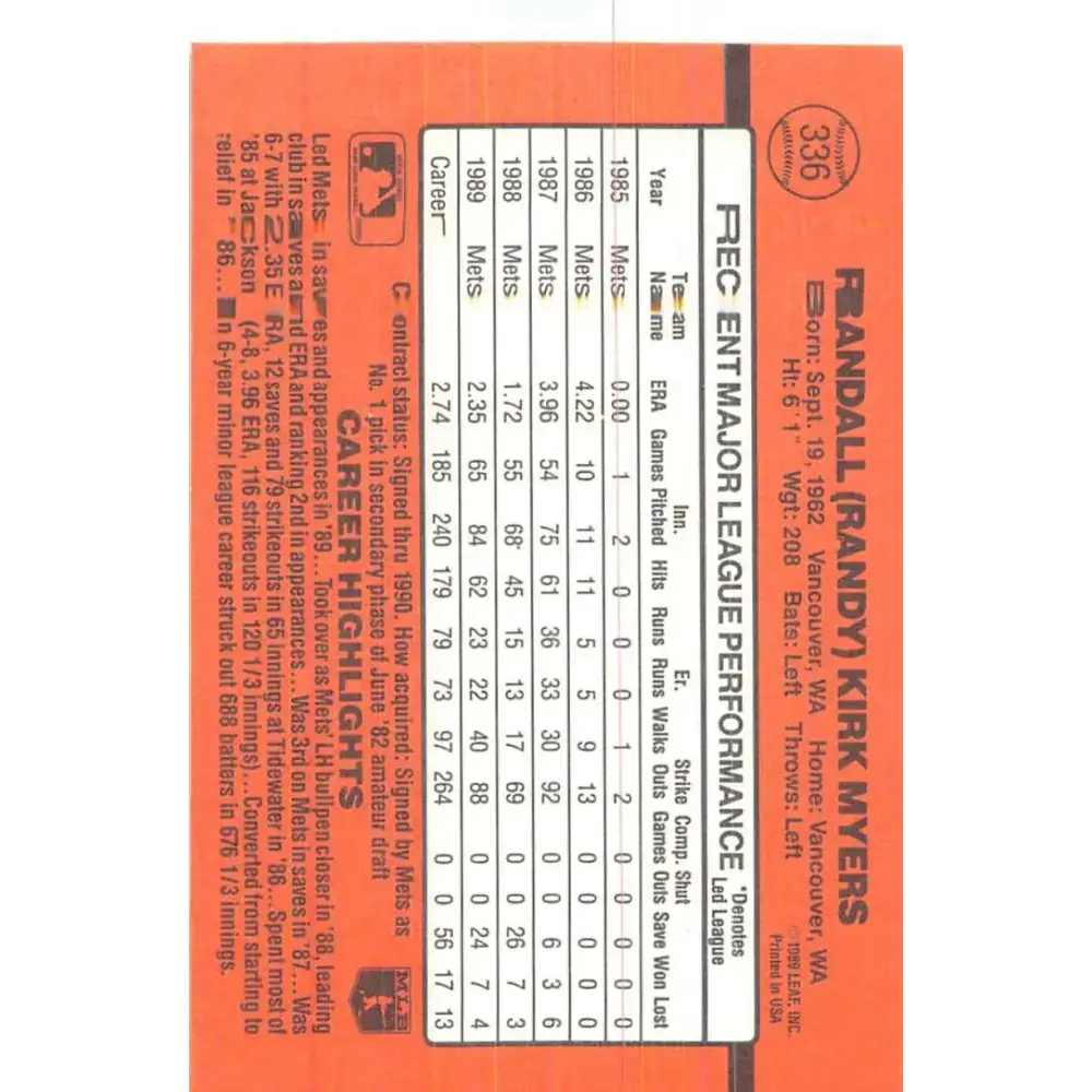 1990 Donruss #336 Randy Myers VG-EX New York Mets Baseball Card - Baseball Card Single