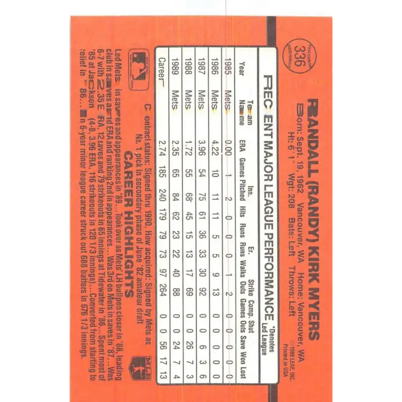 1990 Donruss #336 Randy Myers VG-EX New York Mets Baseball Card - Baseball Card Single