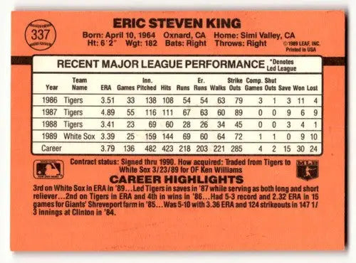 Original gloss Eric King Chicago White Sox baseball card from 1990 Donruss #337