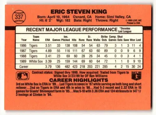 Original gloss of Eric King Chicago White Sox baseball card back for 1990 Donruss #337