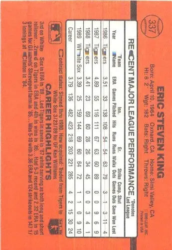 Back of 1990 Donruss #337 Eric King baseball card showcasing original gloss and design