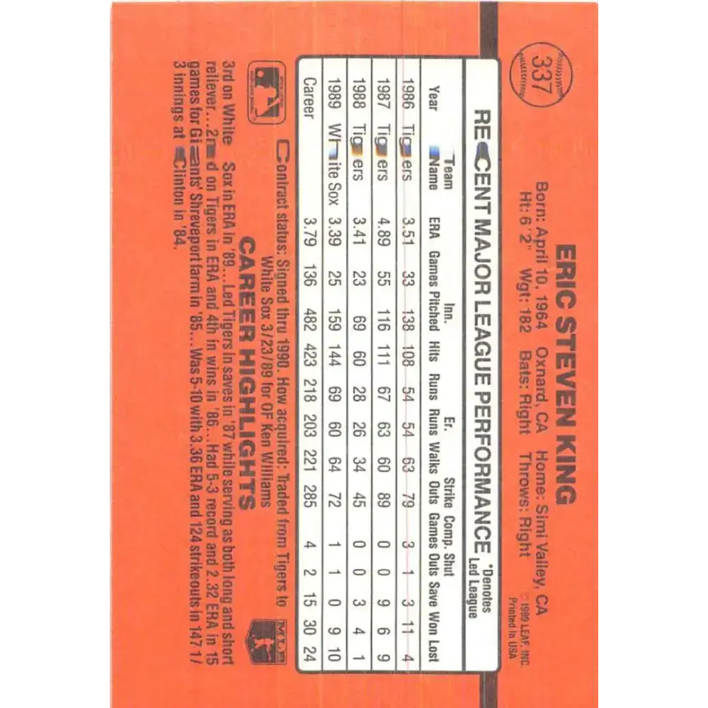 1990 Donruss #337 Eric King VG-EX Chicago White Sox Baseball Card - Baseball Card Single