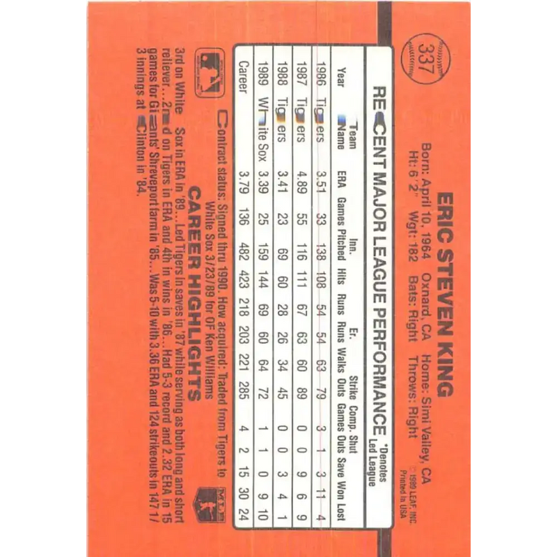 1990 Donruss #337 Eric King VG-EX Chicago White Sox Baseball Card - Baseball Card Single