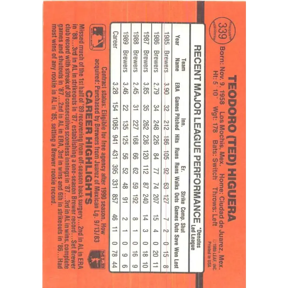 1990 Donruss #339 Teddy Higuera VG-EX Milwaukee Brewers Baseball Card - Baseball Card Single