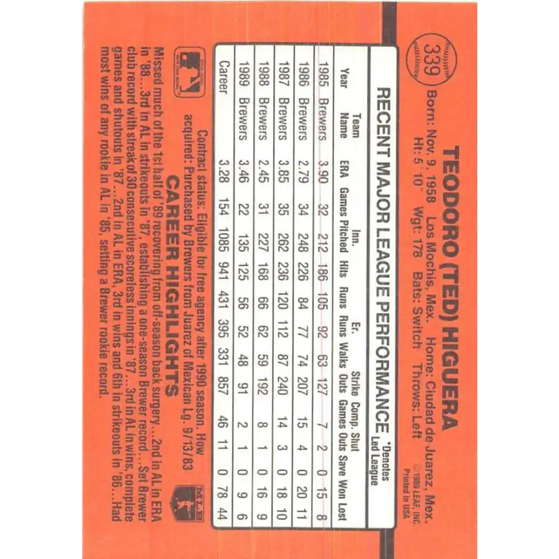 1990 Donruss #339 Teddy Higuera VG-EX Milwaukee Brewers Baseball Card - Baseball Card Single