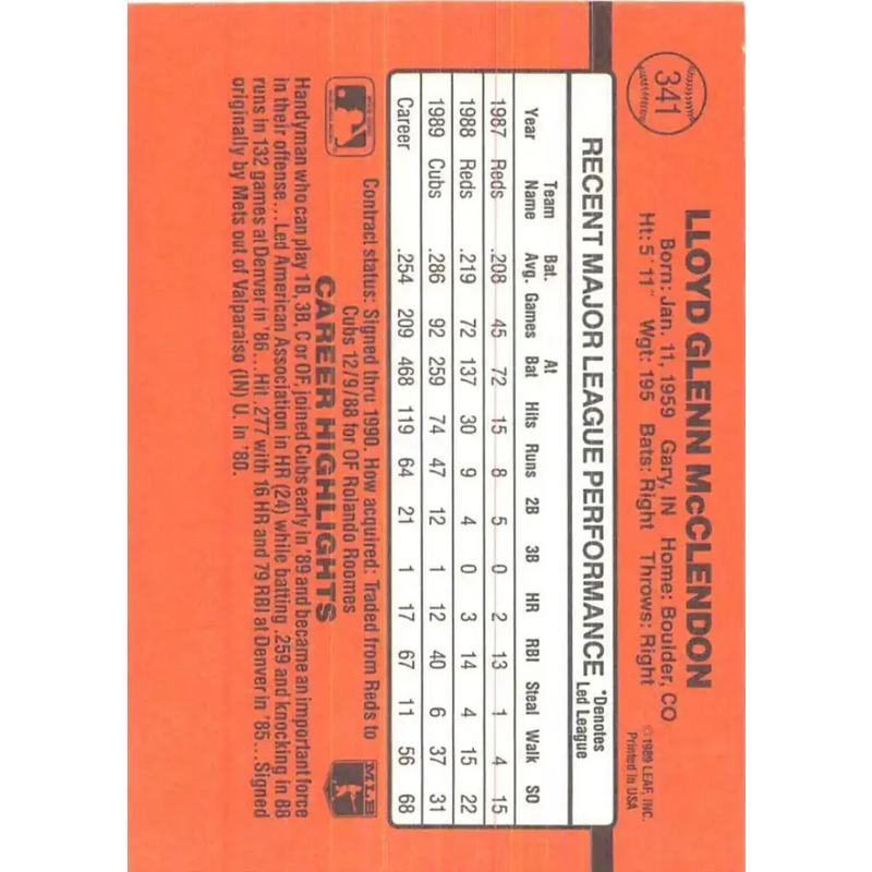 1990 Donruss #341 Lloyd McClendon VG-EX Chicago Cubs Baseball Card - Baseball Card Single
