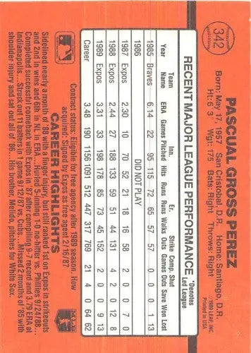 Original gloss of 1990 Donruss Pascual Perez Baseball card back sports cards