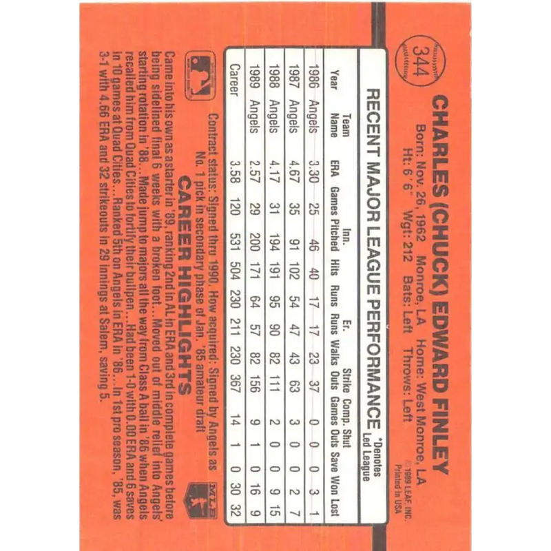 1990 Donruss #344 Chuck Finley VG-EX California Angels Baseball Card - Baseball Card Single